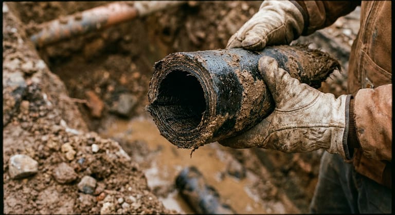 A cut piece of black bituminous fiber sewer pipe held over a trench, its sawn end showing pressed fiber layers.