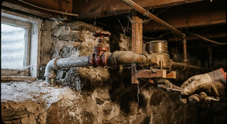 A dull gray water service pipe entering a stone basement wall and running to an old brass meter.