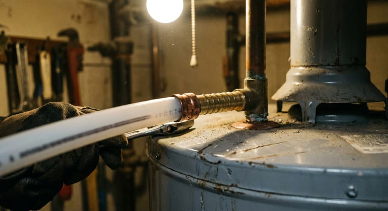 White plastic supply tubing held by a copper crimp ring on a fitting at the top of a gas water heater.